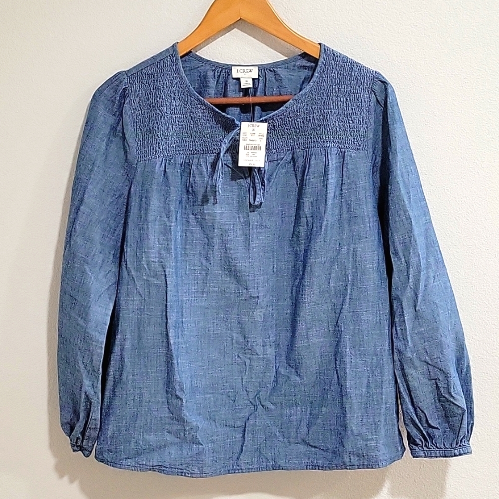 J Crew Denim Tie Neck Smocked Top In Women's Size Small NWT